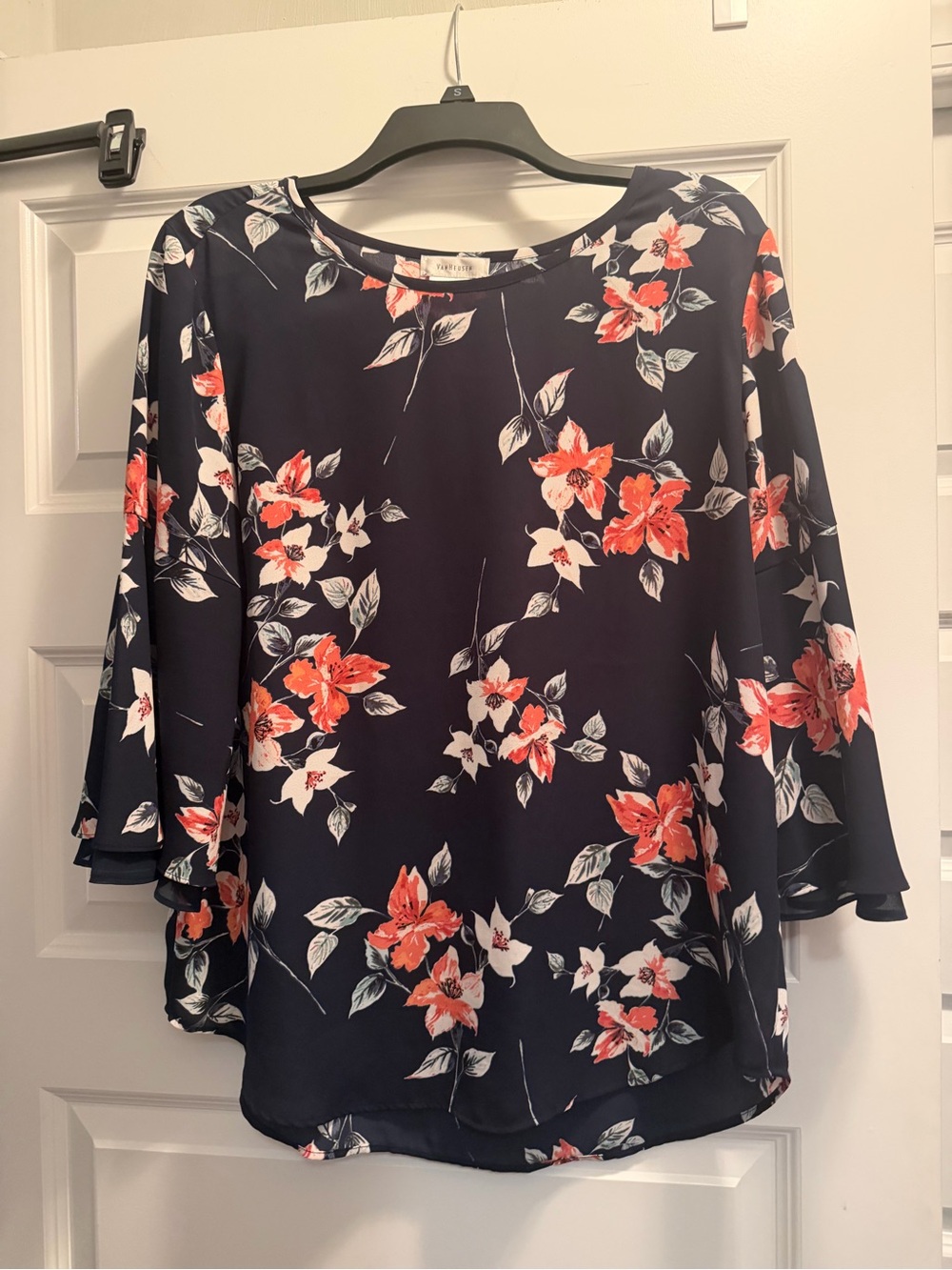 Van Heusen Navy Blouse with Coral Floral Print